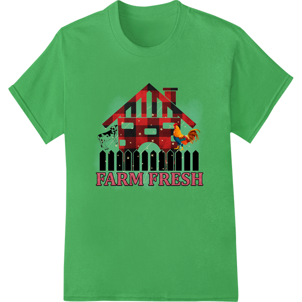 A rustic heat transfer design featuring a red barn with 'Farm Fresh' text, surrounded by trees, wheat fields, and a cloudy...