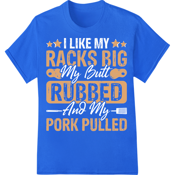 Smokin' Hot 'Racks Big Rubbed Pork Pulled' BBQ DTF Print on blue shirt - SUPERDTF-DTF Prints-DTF Transfers-Custom DTF Prints