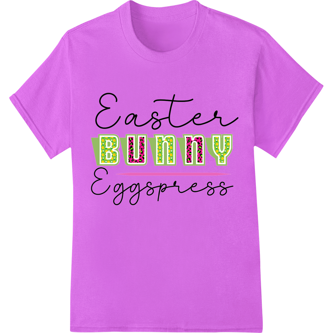 Hop Into Spring with Our Easter Bunny Eggspress DTF Print on purple shirt - SUPERDTF-DTF Prints-DTF Transfers-Custom DTF Prints