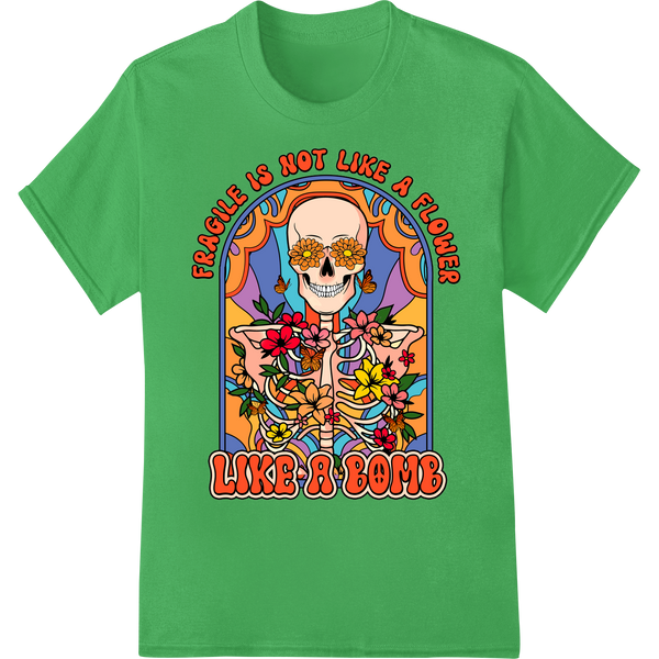 Colorful psychedelic skeleton design with peace sign, suitable for DTF printing on t-shirts and apparel