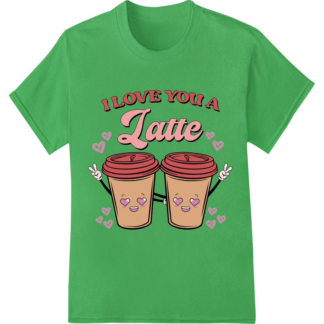 Brew Up Love: Adorable 'I Love You A Latte' Valentine's DTF Print on green shirt - SUPERDTF-DTF Prints-DTF Transfers-Custom DTF Prints