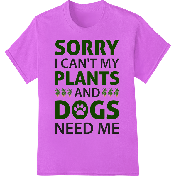 Witty 'Sorry I Can't' Gardening & Dog Lover DTF Print Transfer on purple shirt - SUPERDTF-DTF Prints-DTF Transfers-Custom DTF Prints