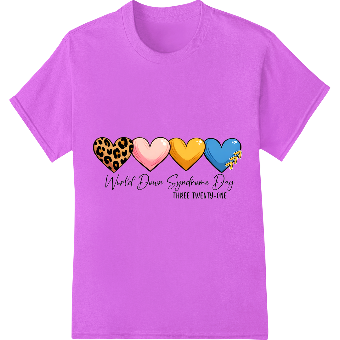 Celebrate Diversity: World Down Syndrome Day Hearts on purple shirt - SUPERDTF-DTF Prints-DTF Transfers-Custom DTF Prints