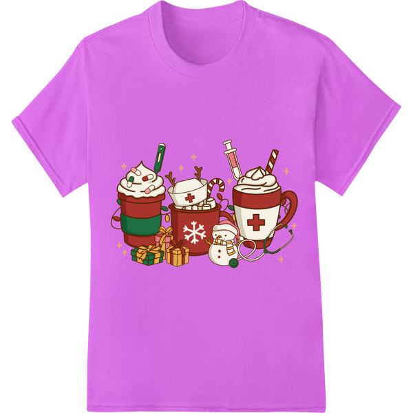 Festive Christmas Hot Chocolate Cups - Holiday DTF Print on purple shirt - SUPERDTF-DTF Prints-DTF Transfers-Custom DTF Prints