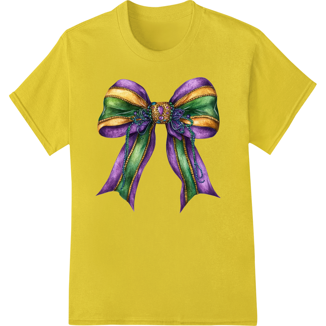 Festive Mardi Gras Bow - Vibrant DTF Print Heat Transfer on yellow shirt - SUPERDTF-DTF Prints-DTF Transfers-Custom DTF Prints