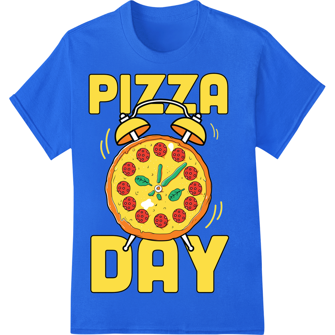 Celebrate Pizza Day with this Mouthwatering DTF Print on blue shirt - SUPERDTF-DTF Prints-DTF Transfers-Custom DTF Prints