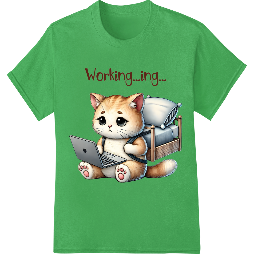 Hilarious 'Working Cat' DTF Print Heat Transfer | Funny Animal on green shirt - SUPERDTF-DTF Prints-DTF Transfers-Custom DTF Prints