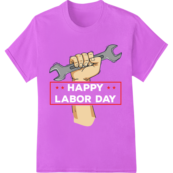 Powerful Labor Day Hand & Wrench DTF Heat Transfer Print on purple shirt - SUPERDTF-DTF Prints-DTF Transfers-Custom DTF Prints