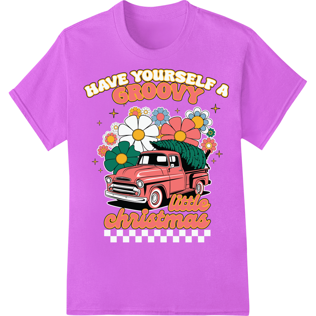 Retro Christmas Truck | Vintage 60s Groovy Holiday DTF Print on purple shirt - SUPERDTF-DTF Prints-DTF Transfers-Custom DTF Prints