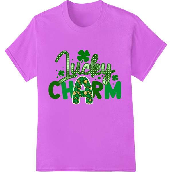 Lucky Charm Shamrock Magic DTF heat transfer design featuring a vibrant green shamrock with swirling patterns for St....