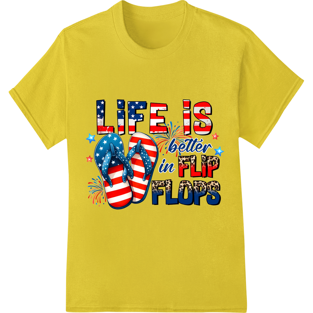 Patriotic Flip Flops: Life is Better in Red, White & Blue on yellow shirt - SUPERDTF-DTF Prints-DTF Transfers-Custom DTF Prints