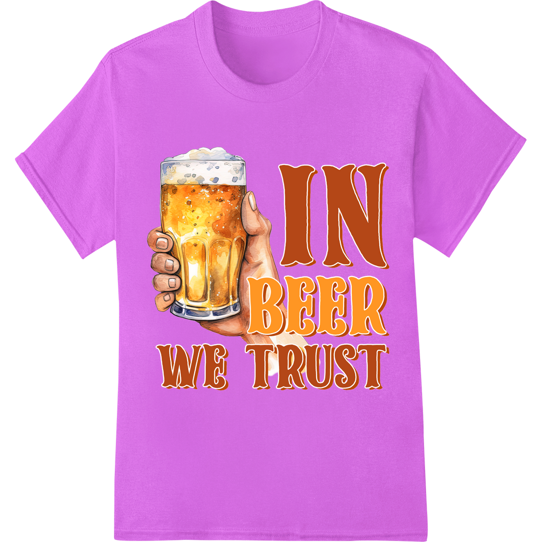 Funny Beer Lover T-Shirt 'In Beer We Trust' | DTF Print on purple shirt - SUPERDTF-DTF Prints-DTF Transfers-Custom DTF Prints