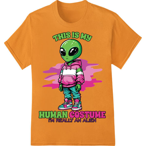 Alien in Human Costume: Out-of-This-World Halloween DTF Print on orange shirt - SUPERDTF-DTF Prints-DTF Transfers-Custom DTF Prints