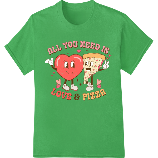 Retro Love & Pizza DTF Print Heat Transfer | Valentine's Gift on green shirt - SUPERDTF-DTF Prints-DTF Transfers-Custom DTF Prints