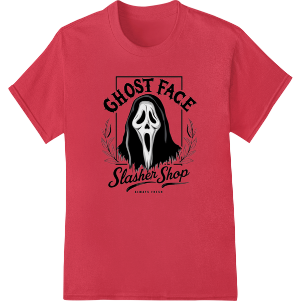 Ghost Face Slasher Shop: Ultimate Horror Fan DTF Transfer on red shirt - SUPERDTF-DTF Prints-DTF Transfers-Custom DTF Prints