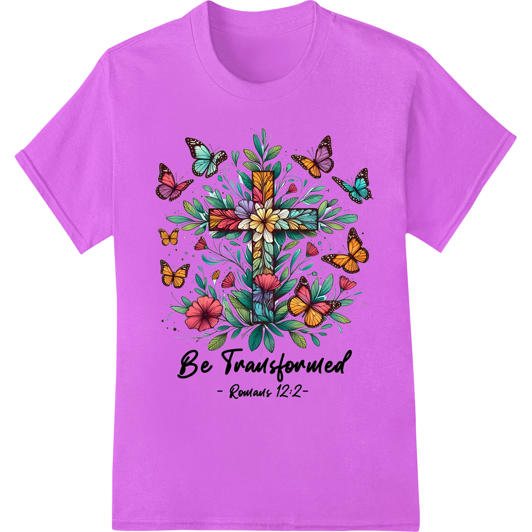 Floral Cross 'Be Transformed' Christian DTF Print Transfer on purple shirt - SUPERDTF-DTF Prints-DTF Transfers-Custom DTF Prints