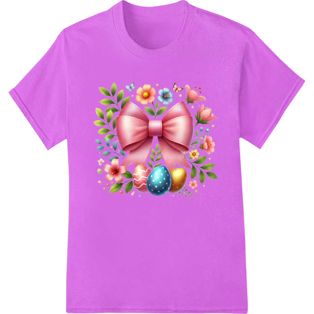 Elegant Easter Bow with Vibrant Floral Accents - DTF Print on purple shirt - SUPERDTF-DTF Prints-DTF Transfers-Custom DTF Prints