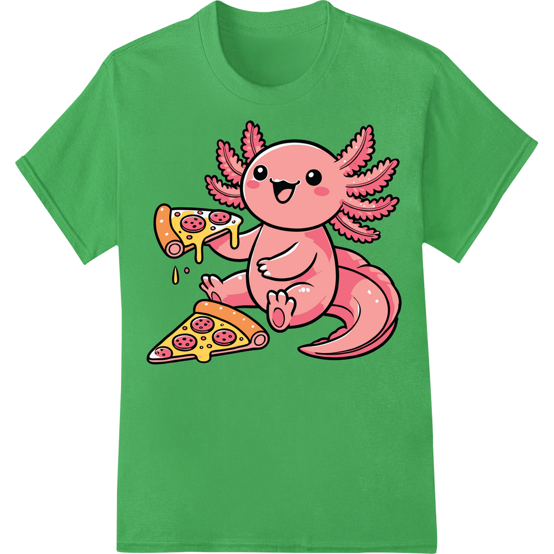 Adorable Axolotl Munching Pizza - Cute Cartoon DTF Print on green shirt - SUPERDTF-DTF Prints-DTF Transfers-Custom DTF Prints