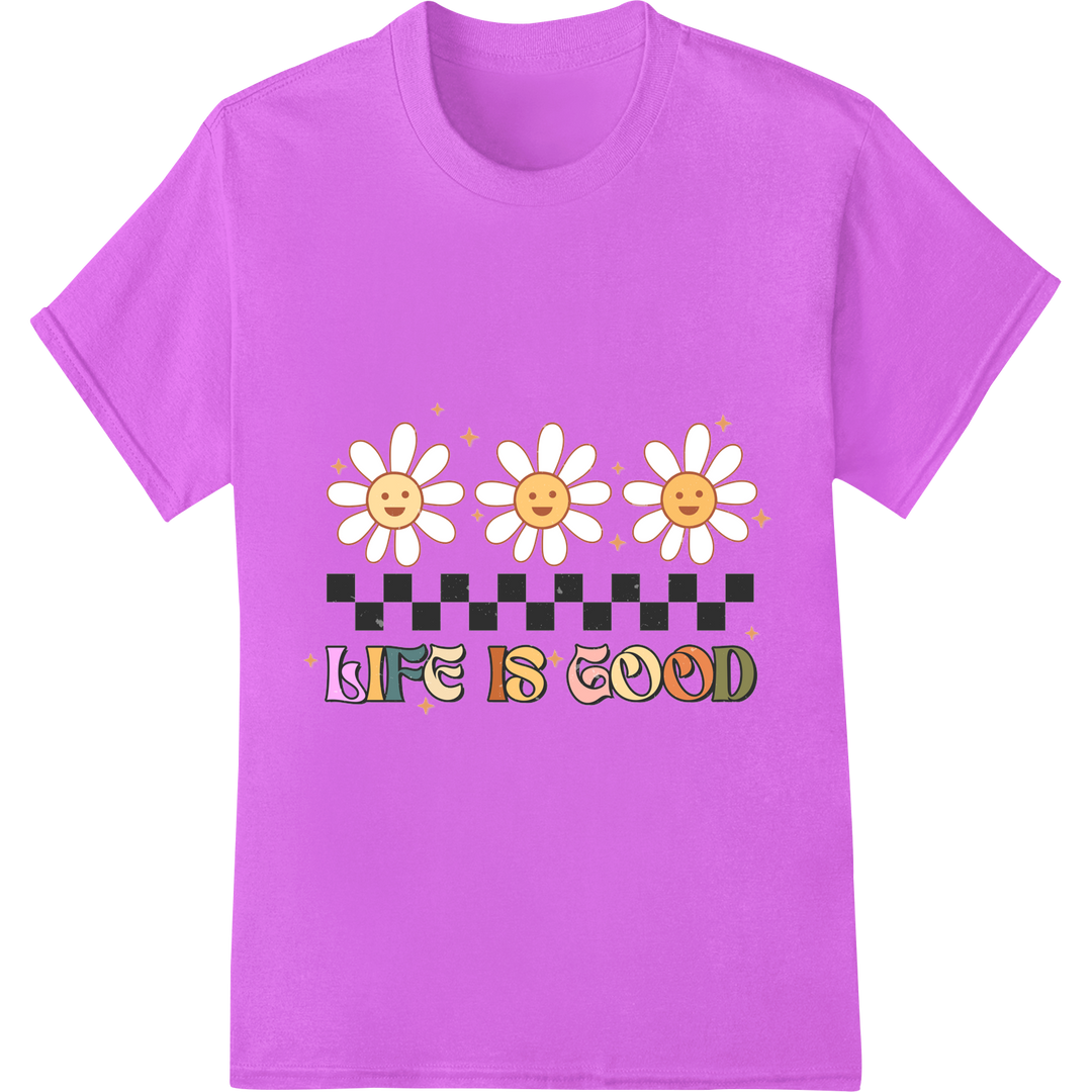 Spread Joy with 'LIFE IS GOOD' Sunflower Heat Transfer Print on purple shirt - SUPERDTF-DTF Prints-DTF Transfers-Custom DTF Prints