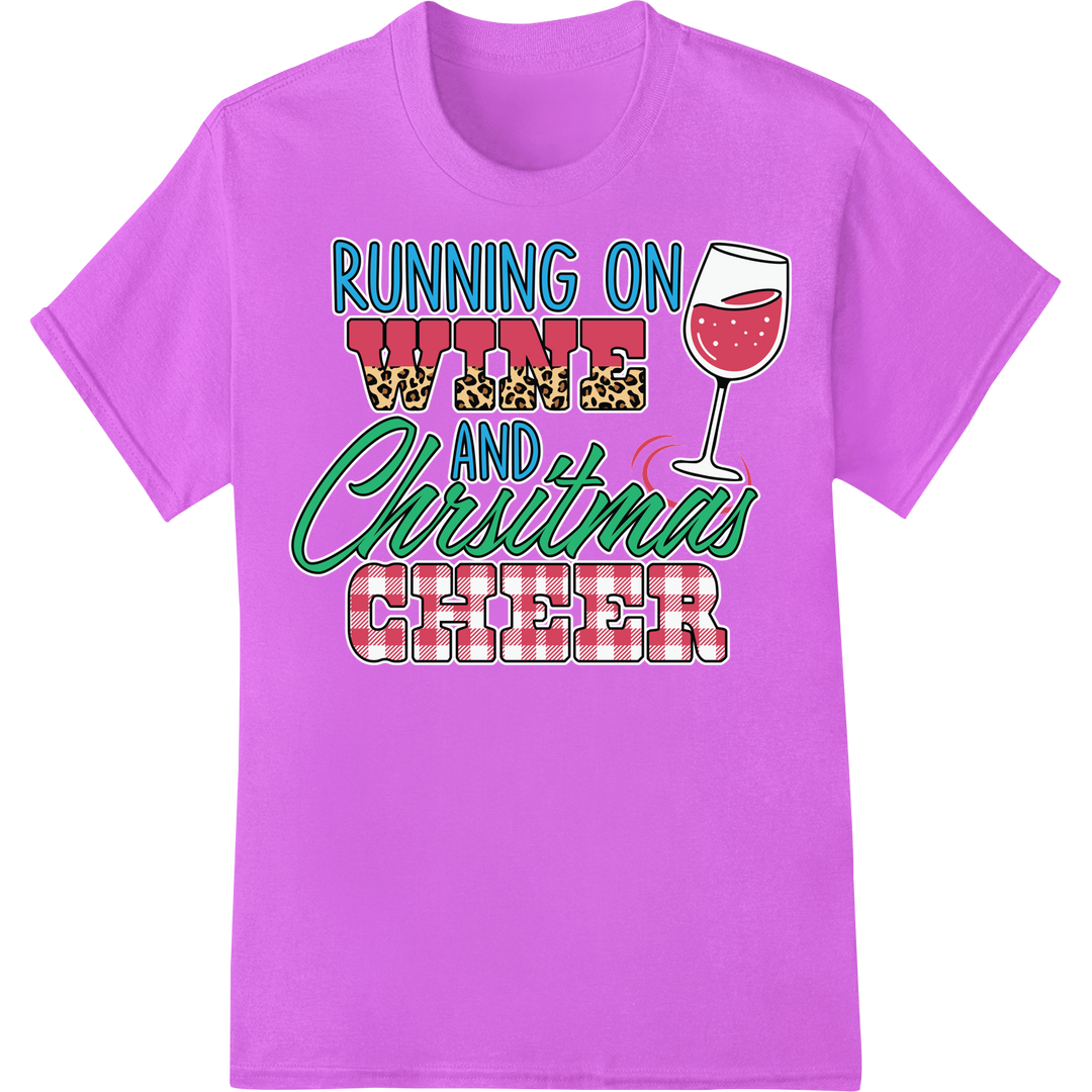 Festive 'Running on Wine and Christmas Cheer' DTF Print on purple shirt - SUPERDTF-DTF Prints-DTF Transfers-Custom DTF Prints