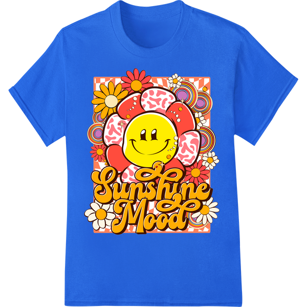 Retro smiling sun graphic print design with vibrant yellow and orange colors for DTF heat transfer on apparel