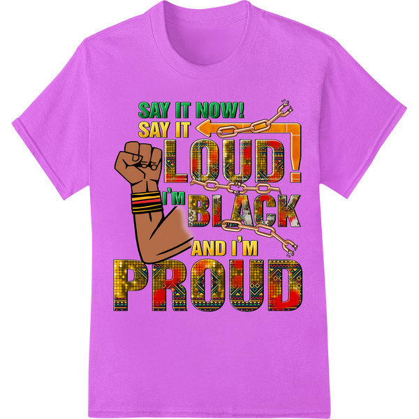 Retro Black Pride DTF Transfer - Say It Loud Empowerment on purple shirt - SUPERDTF-DTF Prints-DTF Transfers-Custom DTF Prints