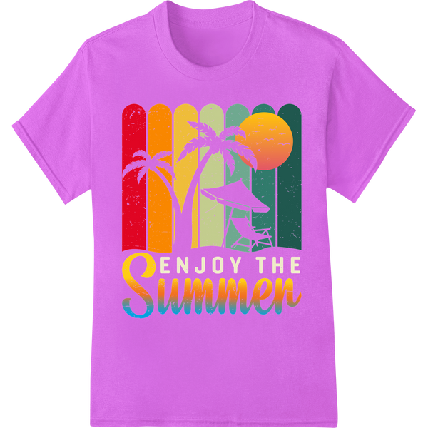 Retro Summer Vibes: Vintage Palm Tree & Surfboard DTF Print on purple shirt - SUPERDTF-DTF Prints-DTF Transfers-Custom DTF Prints