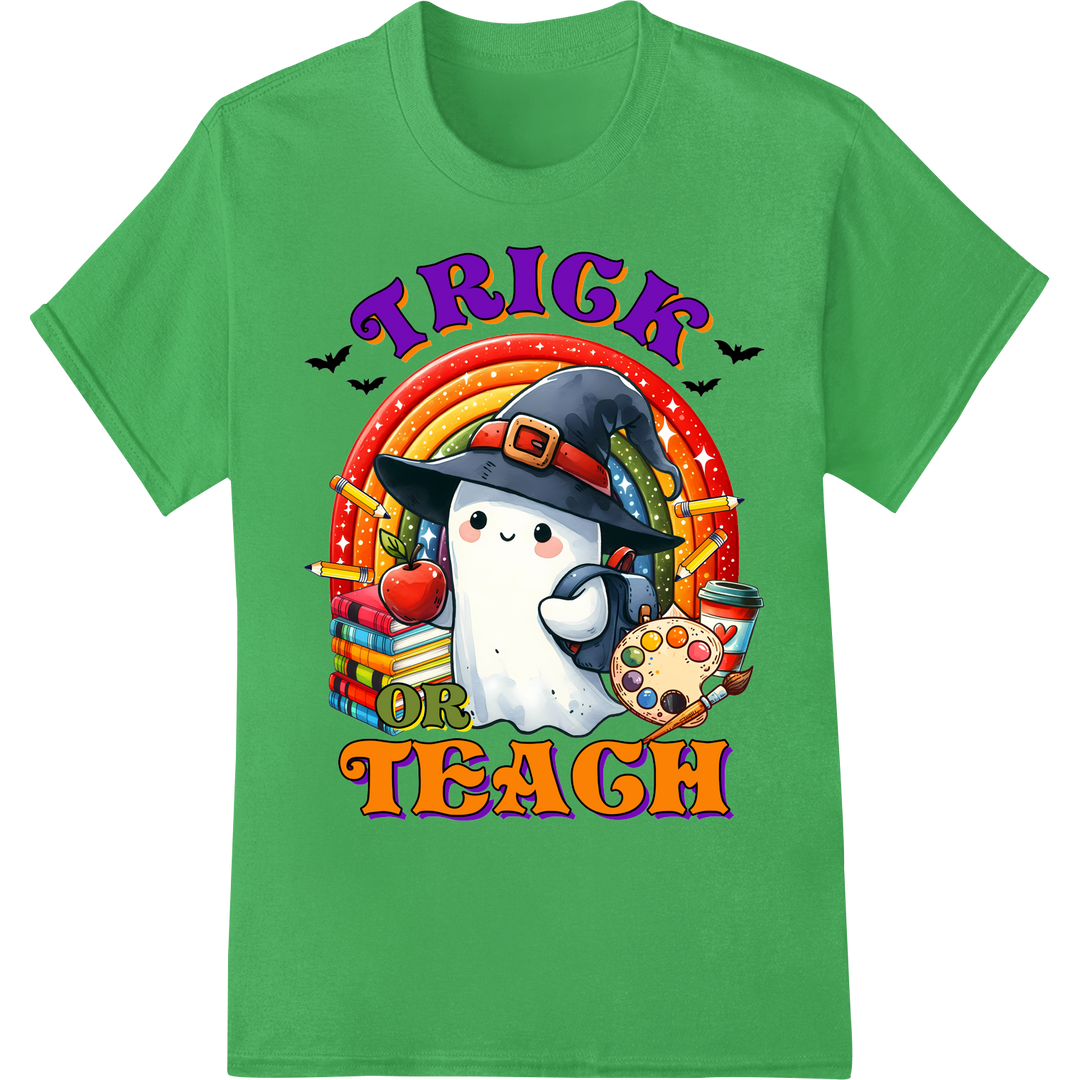 Spooky Cute Ghost Teacher's Trick or Teach Halloween Print on green shirt - SUPERDTF-DTF Prints-DTF Transfers-Custom DTF Prints