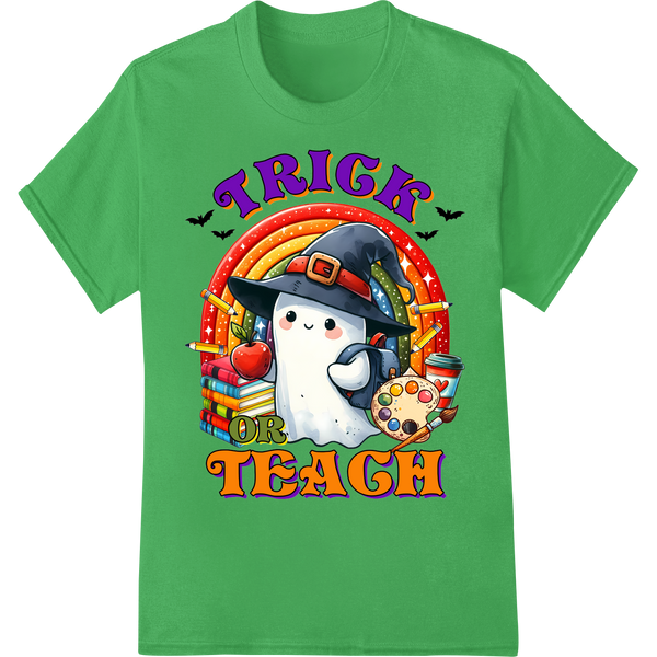 Spooky Cute Ghost Teacher's Trick or Teach Halloween Print on green shirt - SUPERDTF-DTF Prints-DTF Transfers-Custom DTF Prints