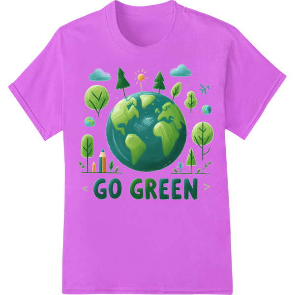 Vibrant 'Go Green' Earth Day DTF Print Heat Transfer on purple shirt - SUPERDTF-DTF Prints-DTF Transfers-Custom DTF Prints