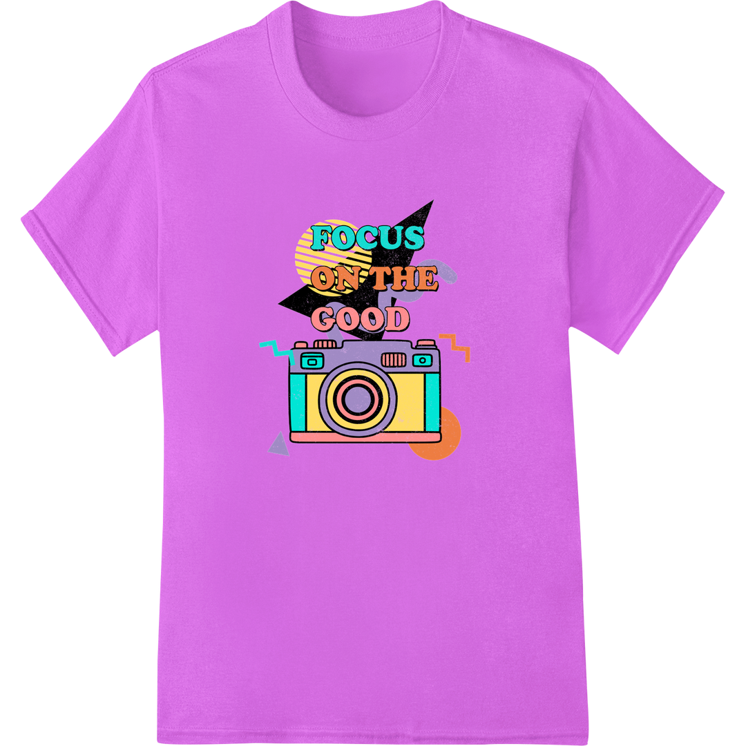 Retro Camera '90s DTF Print: Focus on the Good on purple shirt - SUPERDTF-DTF Prints-DTF Transfers-Custom DTF Prints