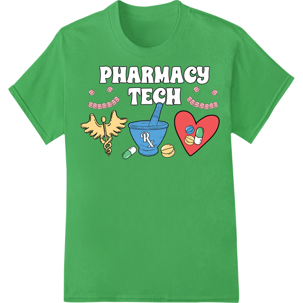 Playful Pharmacy Tech Icons | DTF Print Heat Transfer on green shirt - SUPERDTF-DTF Prints-DTF Transfers-Custom DTF Prints