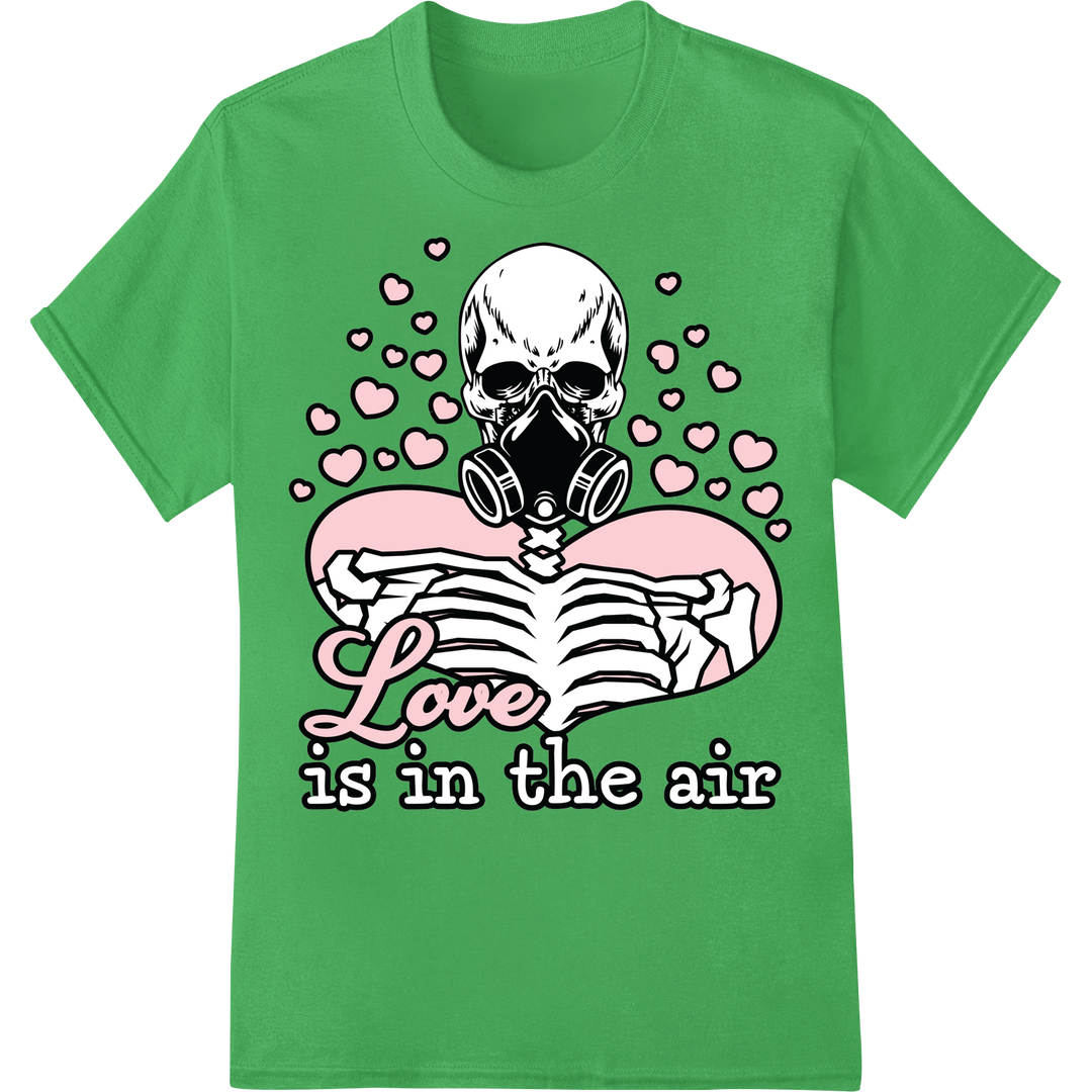 Edgy Skeleton Valentine: 'Love is in the Air' DTF Print on green shirt - SUPERDTF-DTF Prints-DTF Transfers-Custom DTF Prints