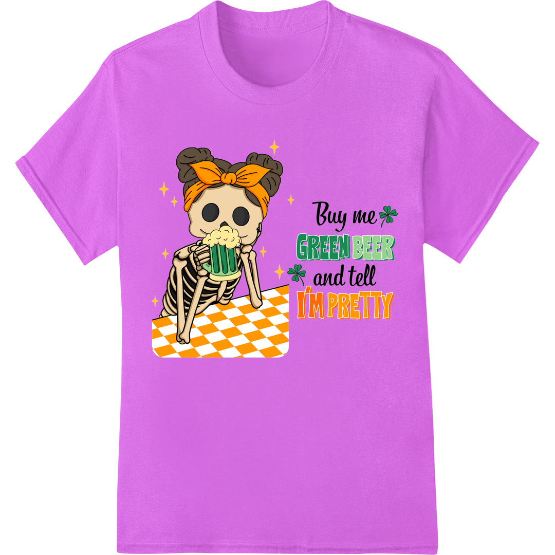 Festive Skeleton St. Patrick's Day DTF Transfer Print on purple shirt - SUPERDTF-DTF Prints-DTF Transfers-Custom DTF Prints