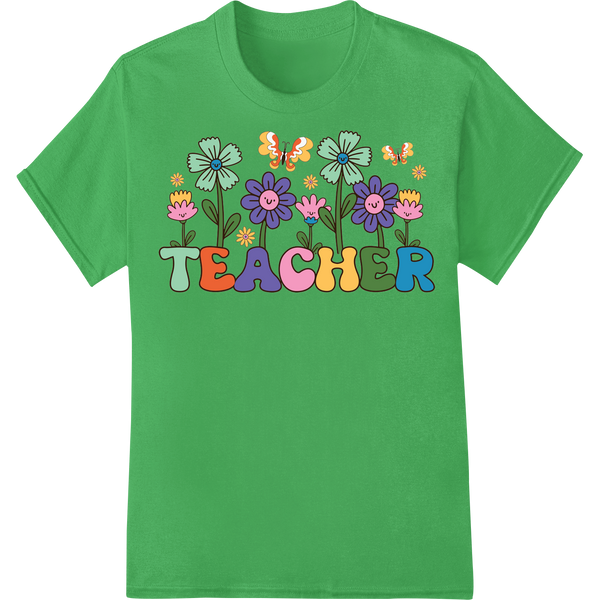 Vibrant Floral Butterfly Teacher DTF Print Heat Transfer on green shirt - SUPERDTF-DTF Prints-DTF Transfers-Custom DTF Prints