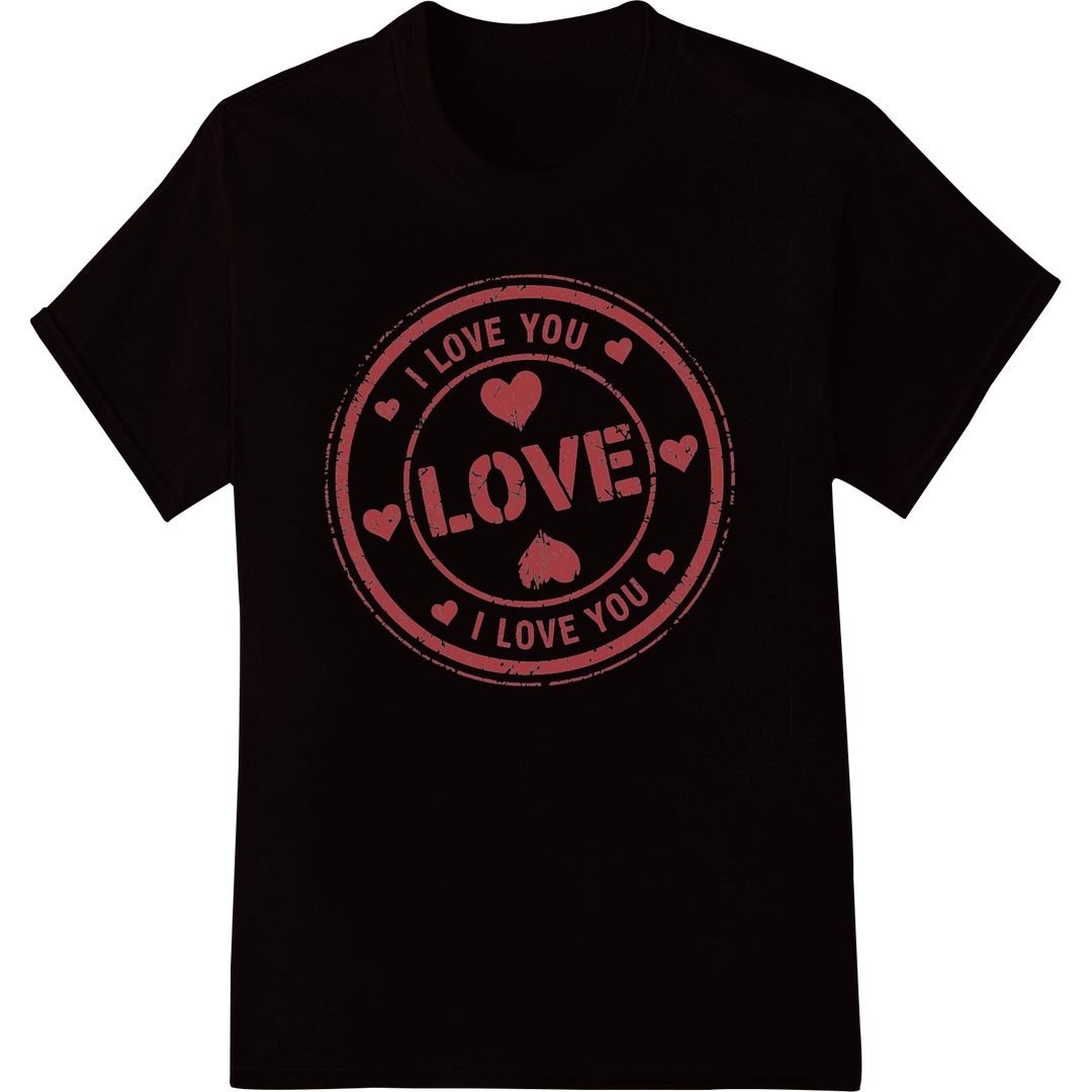 Vintage 'I Love You' Stamp DTF Print for Valentine's Day on black shirt - SUPERDTF-DTF Prints-DTF Transfers-Custom DTF Prints