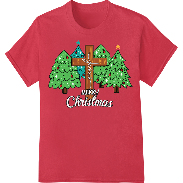 Rustic Cross & Pine Trees Christian Christmas DTF Print on red shirt - SUPERDTF-DTF Prints-DTF Transfers-Custom DTF Prints