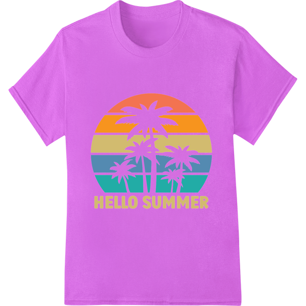 Retro Tropical Sunset: Hello Summer DTF Print Heat Transfer on purple shirt - SUPERDTF-DTF Prints-DTF Transfers-Custom DTF Prints