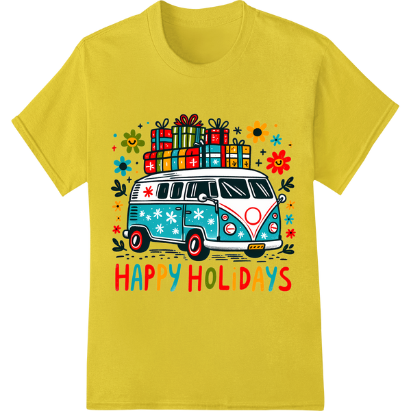 Retro Christmas VW Bus DTF Heat Transfer Print | Happy Holidays on yellow shirt - SUPERDTF-DTF Prints-DTF Transfers-Custom DTF Prints