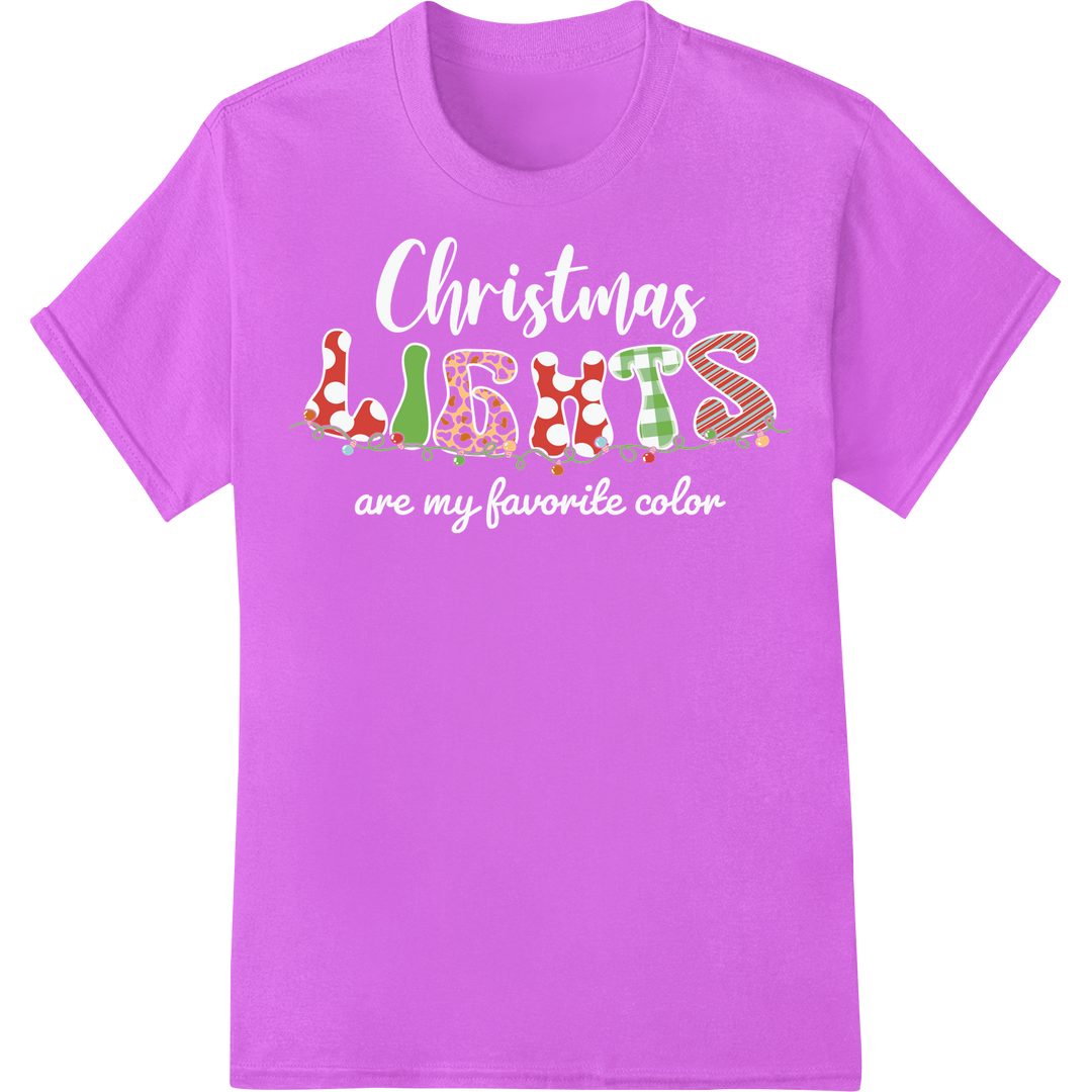 Festive Christmas 'LIGHTS' Typography DTF Print Heat Transfer on purple shirt - SUPERDTF-DTF Prints-DTF Transfers-Custom DTF Prints