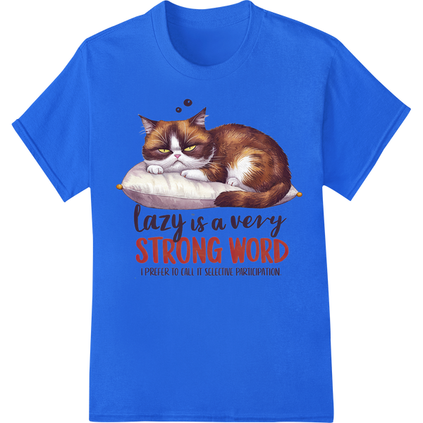 Purrfectly Lazy: Cute Cat DTF Print for Feline Lovers on blue shirt - SUPERDTF-DTF Prints-DTF Transfers-Custom DTF Prints