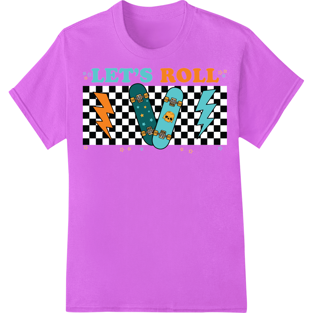 Bold Teal Skateboard 'LET'S ROLL' DTF Print Heat Transfer on purple shirt - SUPERDTF-DTF Prints-DTF Transfers-Custom DTF Prints