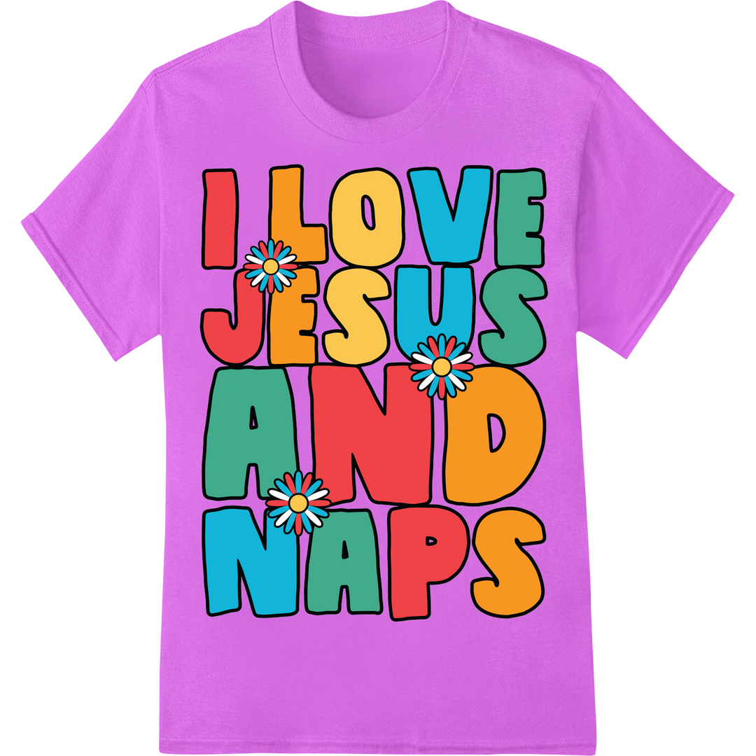 I Love Jesus and Naps DTF Religious Heat Transfer Design on purple shirt - SUPERDTF-DTF Prints-DTF Transfers-Custom DTF Prints