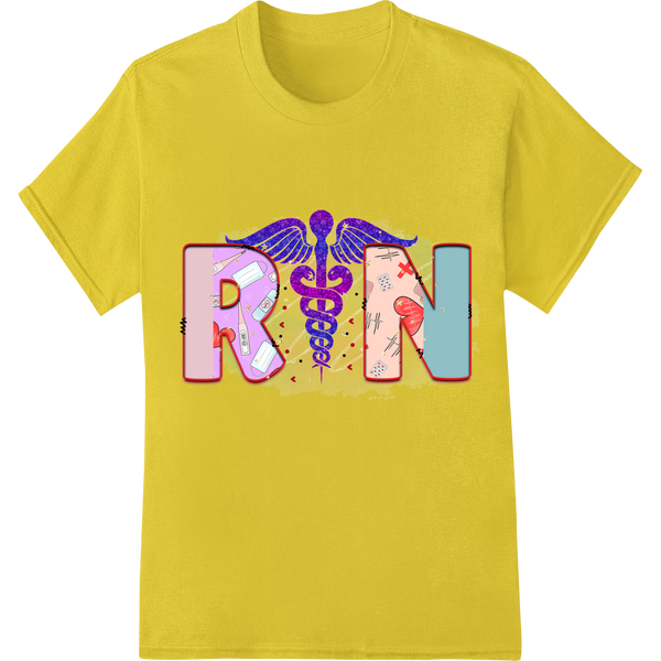 Bold RN Nursing Design with Vibrant Caduceus Symbol on yellow shirt - SUPERDTF-DTF Prints-DTF Transfers-Custom DTF Prints