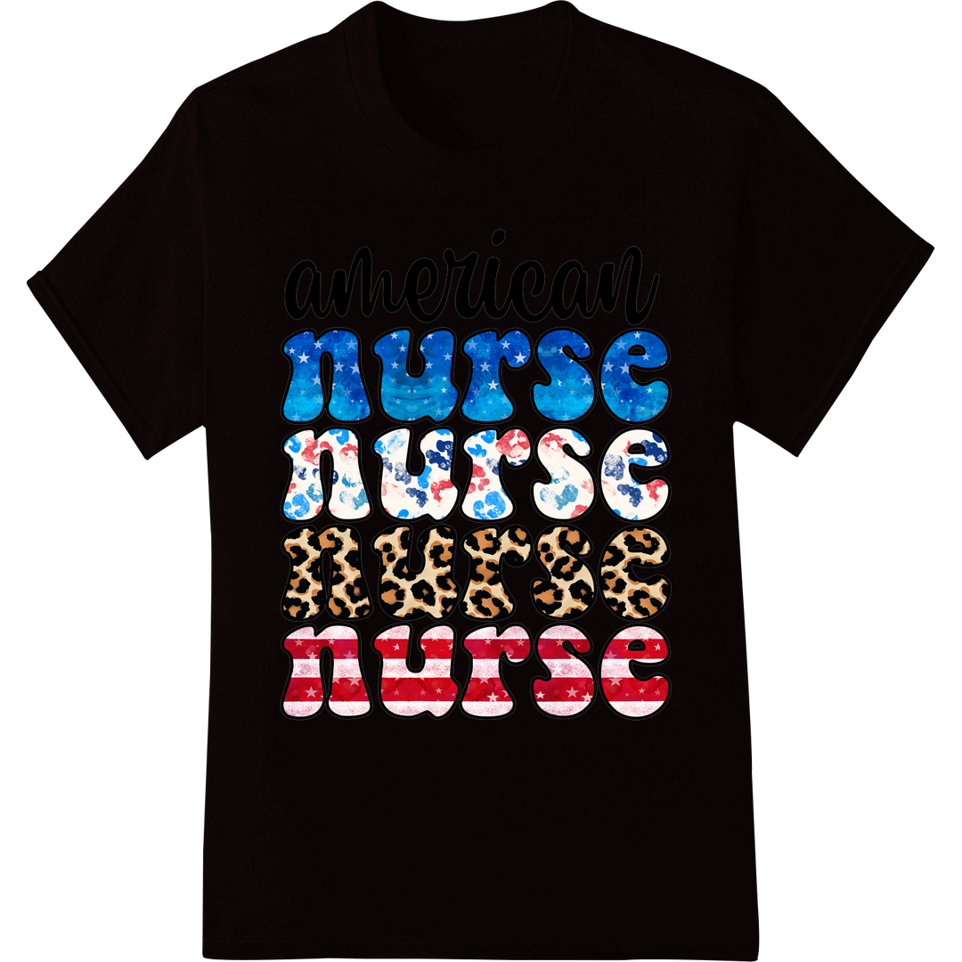 Patriotic Leopard Print Nurse 4th of July DTF Heat Transfer on black shirt - SUPERDTF-DTF Prints-DTF Transfers-Custom DTF Prints