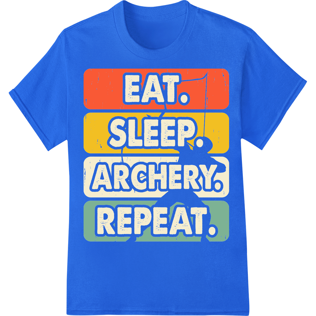 Bullseye: 'Eat Sleep Archery Repeat' DTF Print Heat Transfer on blue shirt - SUPERDTF-DTF Prints-DTF Transfers-Custom DTF Prints