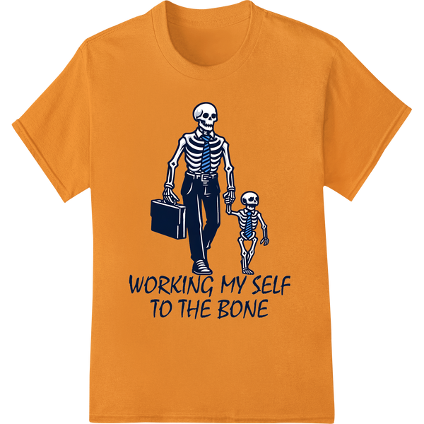 Skeleton Pun DTF Print: "Working My Self to the Bone" on orange shirt - SUPERDTF-DTF Prints-DTF Transfers-Custom DTF Prints