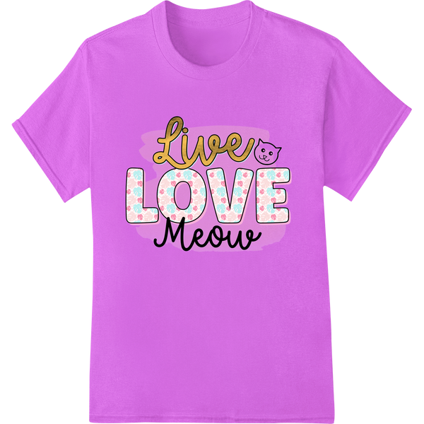 Adorable black cat illustration with 'Live Love Meow' text in a heart, perfect for cat lovers looking for custom apparel...