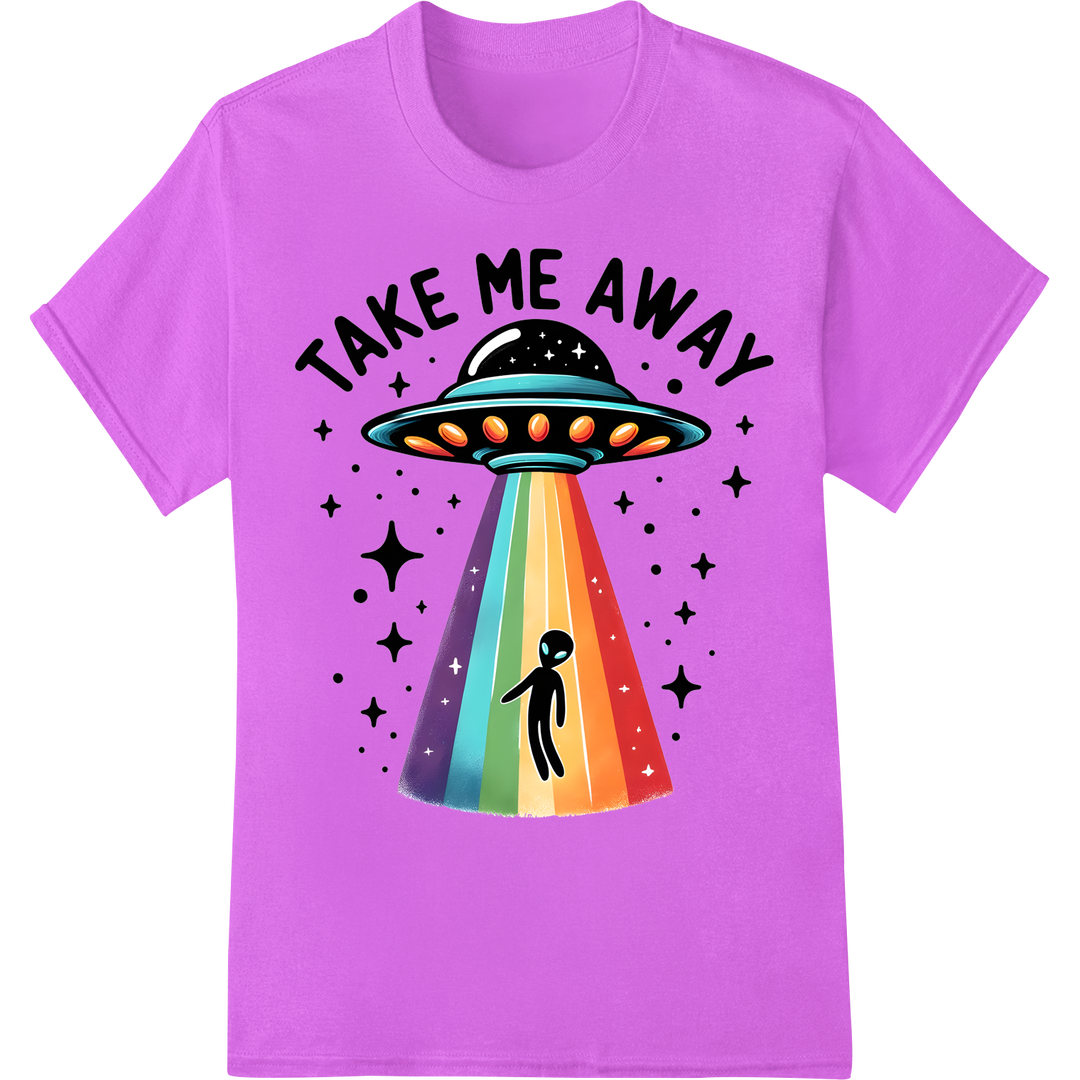 Cosmic Abduction: Quirky Alien 'Take Me Away' Heat Transfer on purple shirt - SUPERDTF-DTF Prints-DTF Transfers-Custom DTF Prints