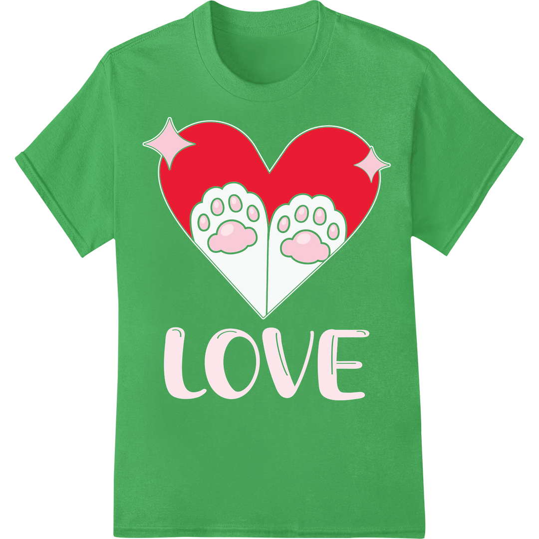 Adorable Cat Paw Heart 'LOVE' DTF Print Heat Transfer on green shirt - SUPERDTF-DTF Prints-DTF Transfers-Custom DTF Prints